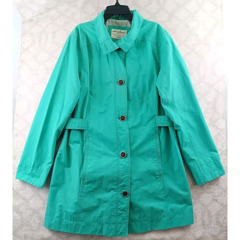 Eddie Bauer Girl On The Go Trench Coat Women L Green Excellent Lightweight Rain